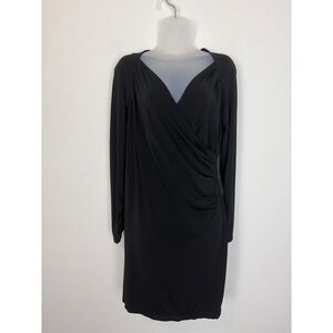 Lafayette 148 Ruched Sheath Dress Black Sz 12 V-Neck Long Sleeve  Stretch Career